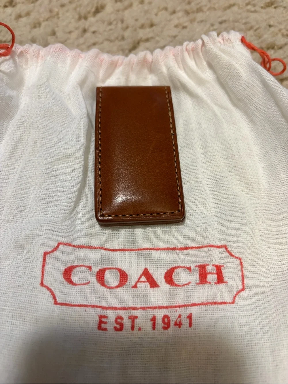 Coach British Tan Leather Money Clip with Embossed Logo - NEW